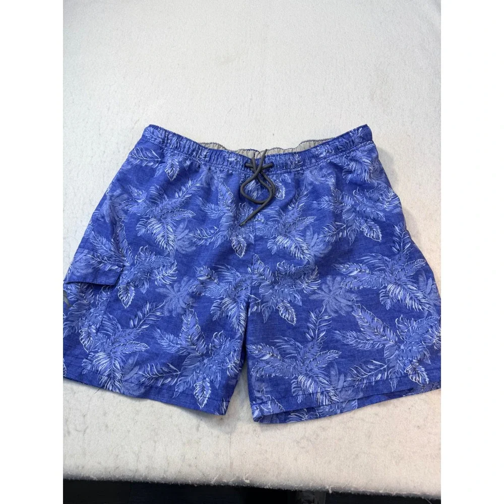 Tommy Bahama Mens Blue Tropical Palm Leaf Cargo Swim Trunks Board Shorts L